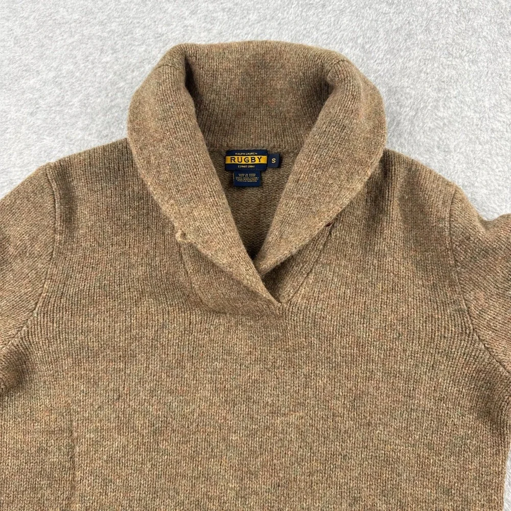 Ralph Lauren Rugby Sweater Mens Small Brown Elbow Patches 100% Wool Shawl Collar